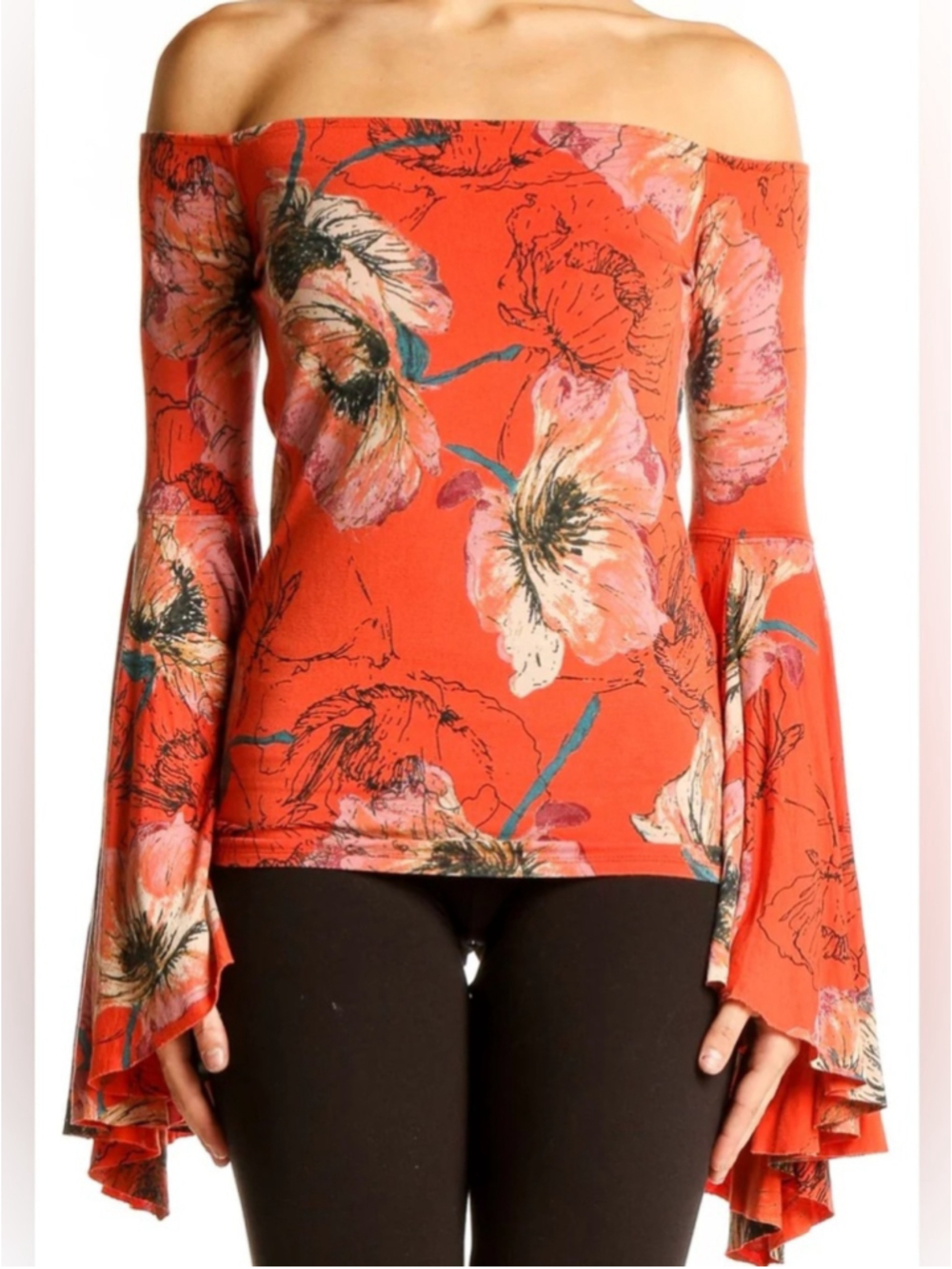 We The Free Orange Floral Off-Shoulder Bell Sleeve Top Sz XS